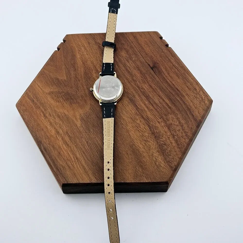 Gold Tone Women's Minimalist Contemporary Watch Black Faux Leather Band Classic